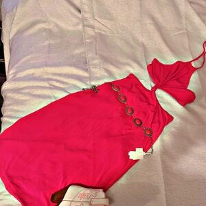 Hot Pink Midi Dress with Decorative pink concho Chain Belt - Women's